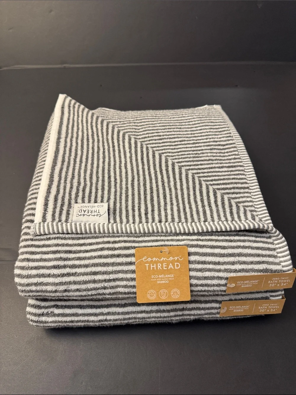 2pc COMMON THREAD Eco-Melange Bamboo Zero Twist Bath Towel Set -MINISTRIPE